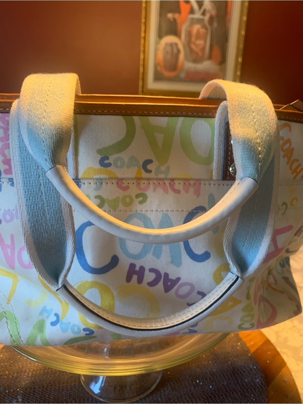 Coach Multicolor Graffiti Canvas Tote with snap sides and Light Blue Straps - Picture 7 of 8